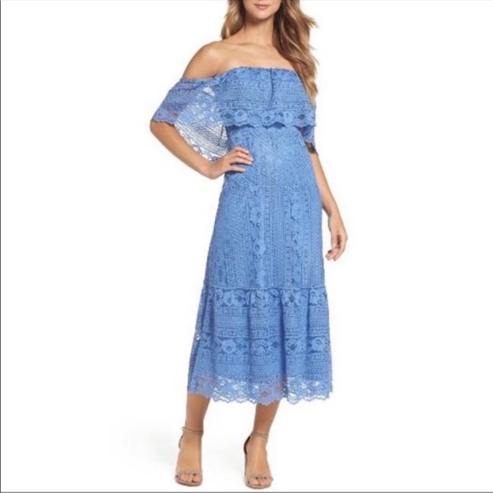 BB Dakota Katie Off Shoulder Lace Midi Dress 10 Blue